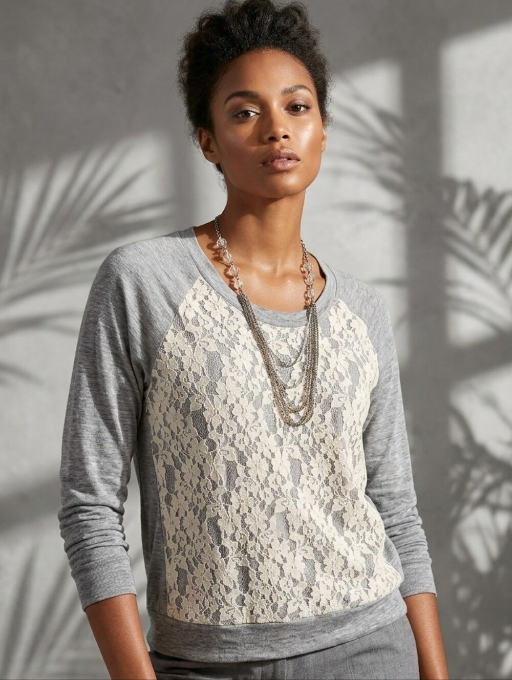 Cha Cha Vente Boho Lace Overlay Raglan Knit Top Heather Gray Cottagecore M